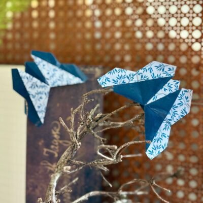 Deux marques pages en forme de papillons, qui se posent dans l'angle du livre. Les deux faces du papier apparaissent et sont inversé sur les deux papillons, soient du bleu foncé sans motif et du blanc avec des motifs de feuilles bleues.