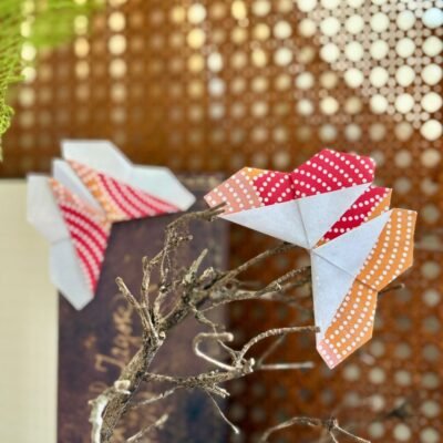 Deux marques pages en forme de papillons, qui se posent dans l'angle du livre. Les deux faces du papier apparaissent et sont inversé sur les deux papillons, soient blanc sans motif et rouge/orange avec des pointillés blancs.