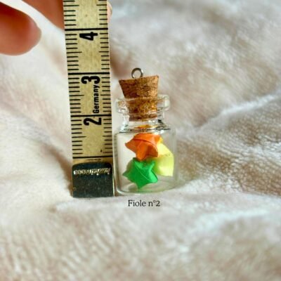 La fiole n°2 est une fiole en verre d'environs 3cm en hauteur et est refermé par un bouchon en liège. La fiole est rempli par 5 minuscule étoiles coloré de jaune, vert, rouge, orange. Le bouche en liège contient un petit crochet pour y rajouter un fil au besoin.